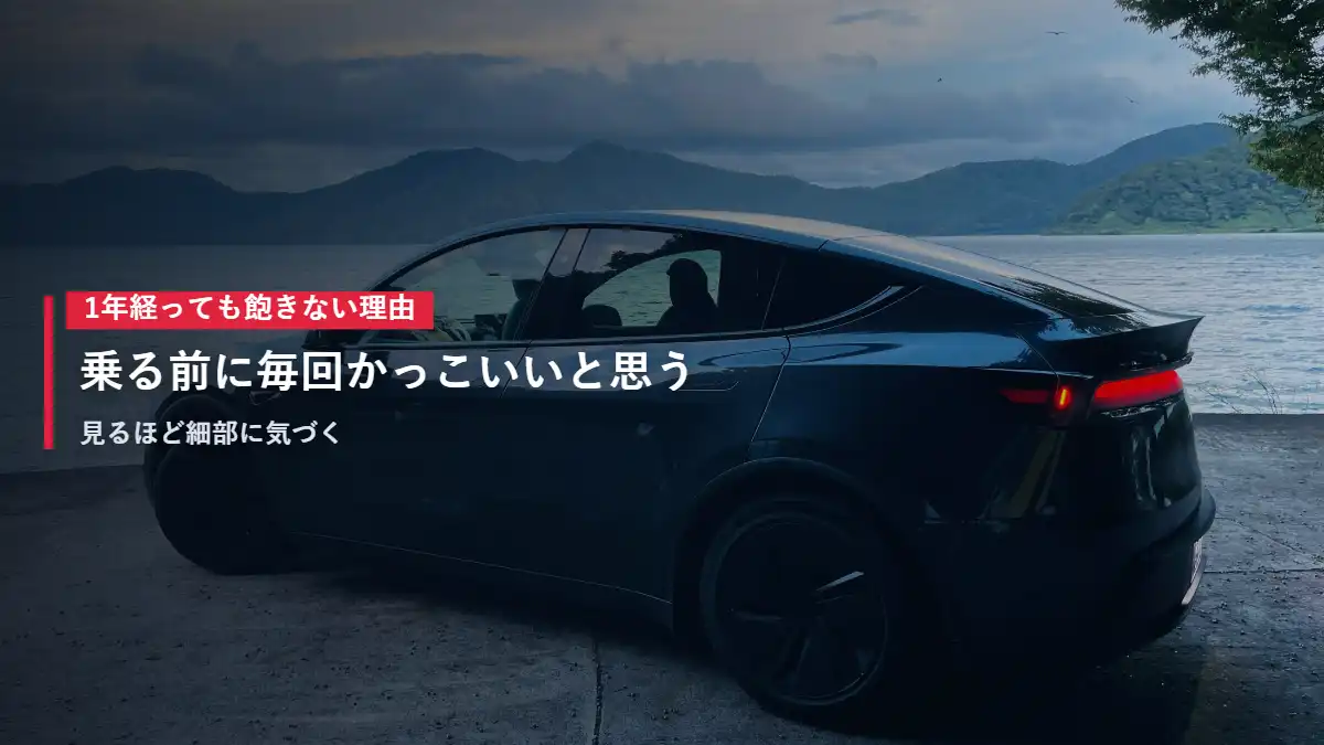 湖畔に停まるテスラModel Yの横姿 1年乗っても飽きないデザイン