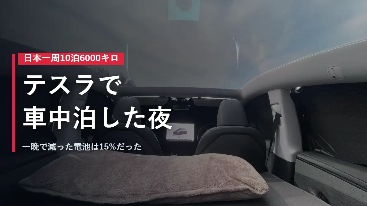 テスラModel Yの荷室にマットを敷いた車中泊の寝床 朝のガラスルーフから空が見える
