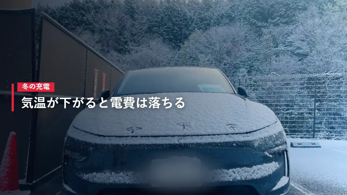 雪をかぶったテスラModel Yが充電中の様子 冬は電費が落ちる