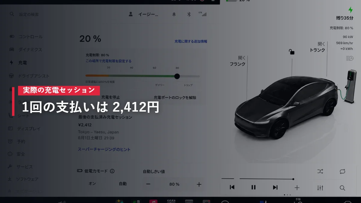 テスラの充電画面に表示された支払い済み充電セッション2412円