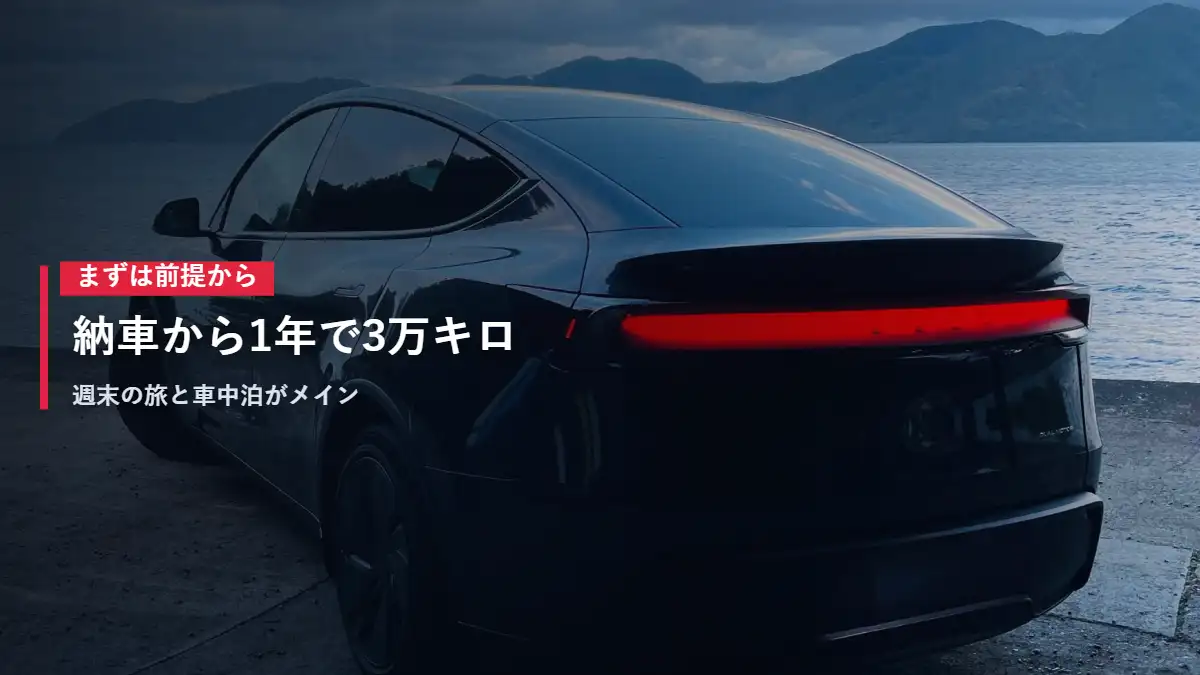 湖畔の朝に停まるテスラModel Yのリア 納車から1年で3万キロ走った
